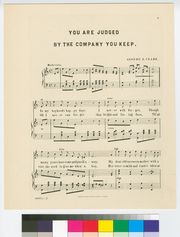 Notenblatt mit der Überschrift "Du wirst nach deiner Gesellschaft beurteilt" und Farbmustern unten.