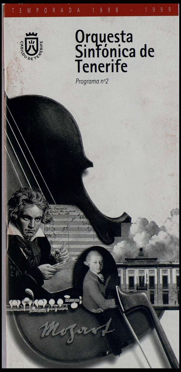 Plakat für Mozarts Symphonie Nr. 2 D-Dur, Op. 63, mit zwei Geigern im Vordergrund und einem Gebäude im Hintergrund, mit dem Text "Orquesta Sinfónica de Tenerife Programa Nº 2".