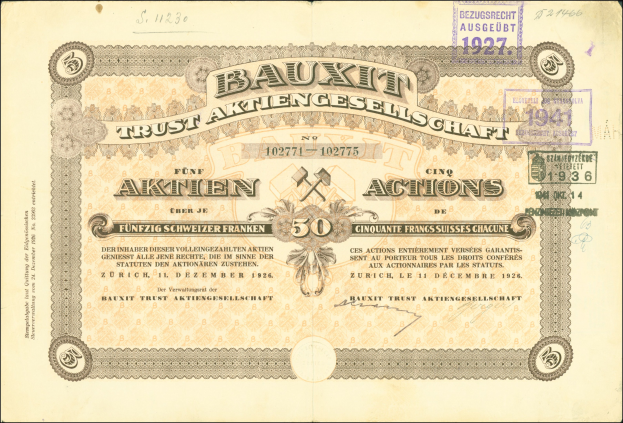 Alte deutsche Banknote mit schwarzem Hintergrund, Porträt eines Mannes, Text 'Bauxit Trust Aktiengesellschaft' und Stempel auf der rechten Seite.