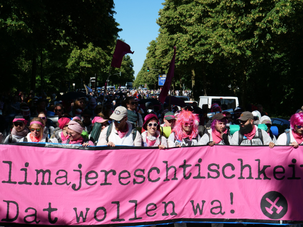 Eine Gruppe von Menschen marschiert mit einem pinken Banner mit der Aufschrift "Women's March in Berlin" die Straße entlang, einige tragen Mötzen und Schutzbrillen und andere halten Fahnen, vor dem Hintergrund von Bäumen, Fahrzeugen und Himmel.