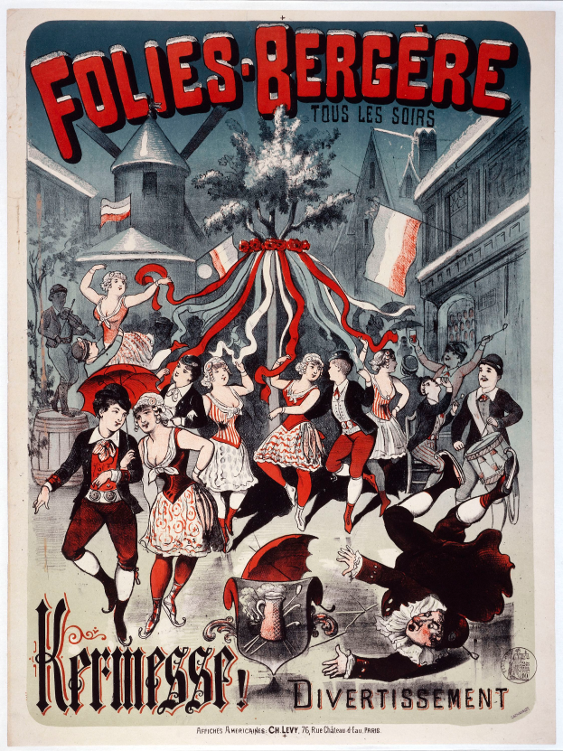 Ein Plakat für das Folies-Bergère-Festival in Paris, das eine Gruppe von Menschen zeigt, die im Vordergrund tanzen, mit Gebäuden, Flaggen und einem Baum im Hintergrund und französischem Text oben und unten.