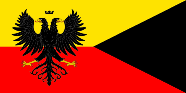 Die Flagge Deutschlands mit einem schwarzen Doppeladler in der Mitte auf drei horizontalen Streifen rot, gelb und weiß.
