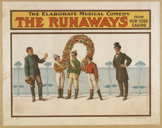 Plakat für "Elaborate Musical Comedy Runaways" im New Yorker Casino, das eine Gruppe von Menschen in einer Reihe zeigt, wobei einer einen Blumenstrauß hält und Text beschreibt die Komödie.