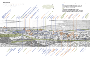 Ein detaillierter Stadtplan von Wiesbaden, Deutschland, mit verschiedenen Blautönen, Grüntönen und Gelbtönen, die verschiedene Gebiete darstellen, begleitet von Text, der die Geschichte der Stadt, die Bevölkerung, Sehenswürdigkeiten und interessante Punkte beschreibt.