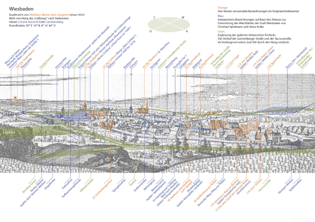 Ein detaillierter Stadtplan von Wiesbaden, Deutschland, mit verschiedenen Blautönen, Grüntönen und Gelbtönen, die verschiedene Gebiete darstellen, begleitet von Text, der die Geschichte der Stadt, die Bevölkerung, Sehenswürdigkeiten und interessante Punkte beschreibt.