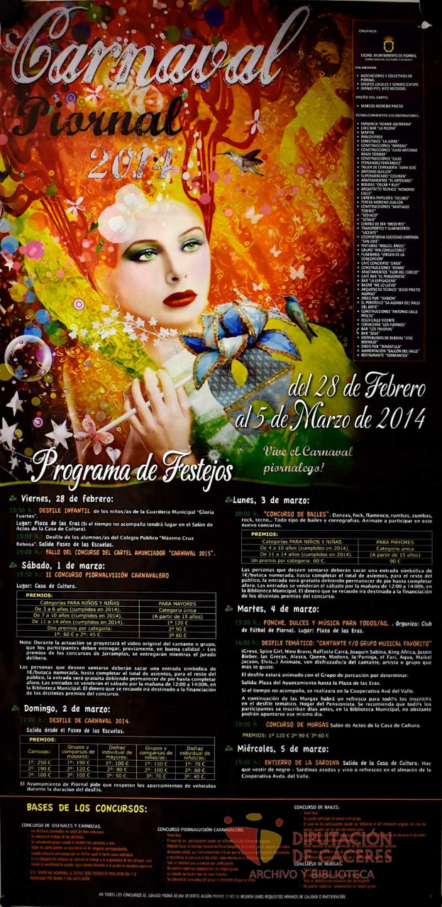 Eine Frau in einem bunten Kleid, die fröhlich in die Kamera lächelt, umgeben von der Schrift "Carnaval Festival 2014" in fetter schwarzer Schrift auf einem leuchtend gelben Hintergrund.