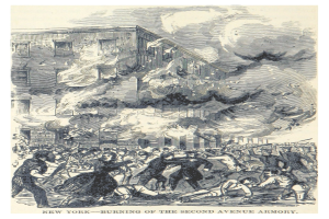 Plakat zeigt die Verbrennung des Zweiten Avenue Armory in New York City, mit Menschen vor dem Gebäude und Rauch, der in den Himmel aufsteigt, begleitet von Text, der "New York - Verbrennung des Zweiten Avenue Armory" liest.