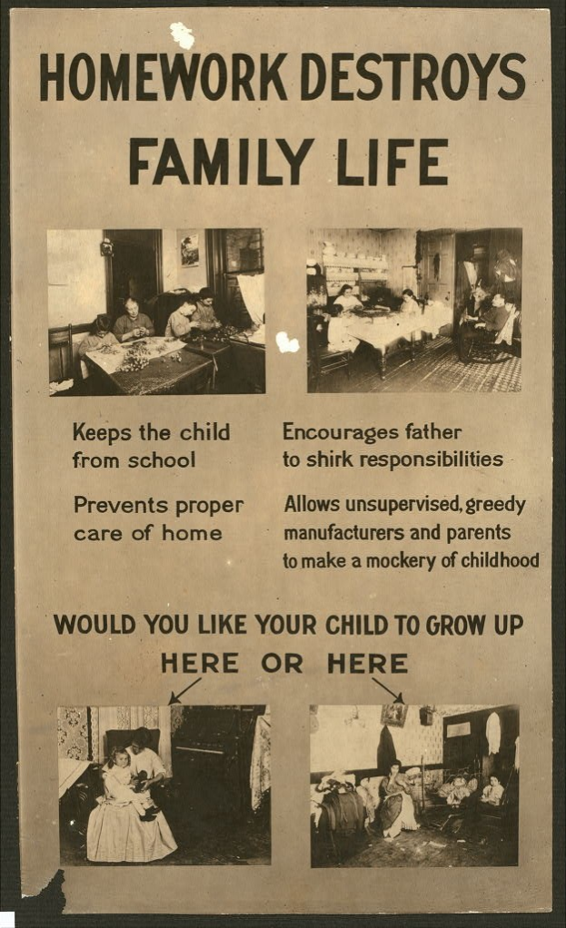 Plakat mit großem Text "Hausaufgaben zerstören das Familienleben" und Bilder von einer vielfältigen Gruppe von Menschen mit entschlossener Miene.