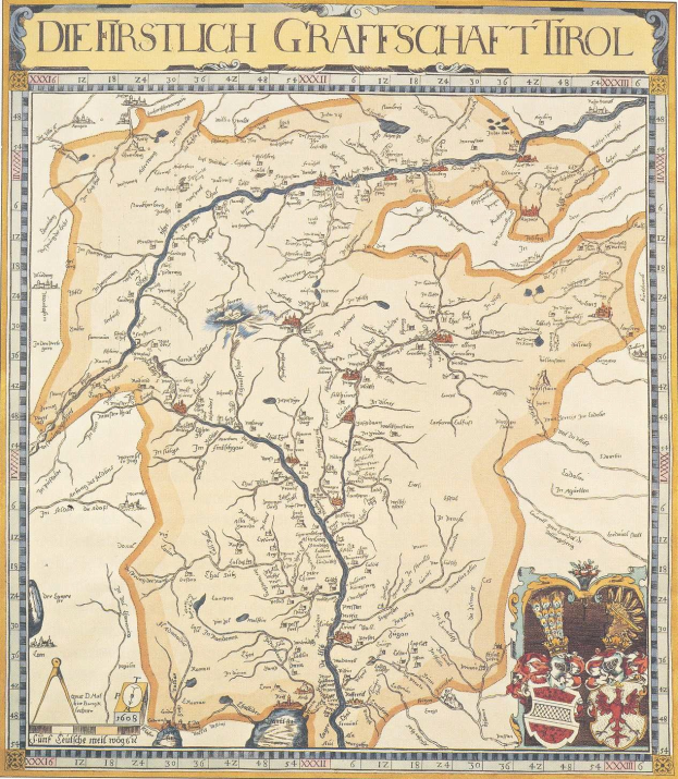 Plakat einer historischen Karte der ersten Grafschaft Tirol mit geographischen Merkmalen wie Flüssen, Bergen und Städten sowie begleitendem Text über die Region und ihre Bewohner.
