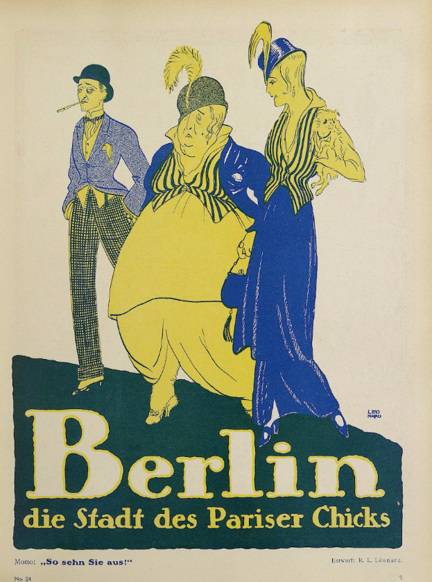 Ein Plakat, das ein Konzert in Berlin, Deutschland, ankündigt, mit einer Gruppe von Menschen in bunter Kleidung, die vor einem Gebäude mit der Aufschrift "Berlin - Die Stadt des Pariser Chicks" stehen.