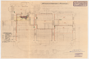 Schwarze und weiße architektonische Zeichnung des Rosenhof-Krankenhauses in Hamburg, Deutschland, die detaillierte Layout mit zahlreichen Drähten zeigt, die auf elektrische oder strukturelle Pläne hinweisen, begleitet von handschriftlichen Textanmerkungen.
