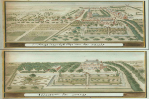 Zwei Karten einer Stadt mit zahlreichen Gebäuden, grünen Bäumen und farbenfrohen Pflanzen, mit Text unten.