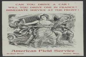 Ein Plakat mit schwarzem Hintergrund, das eine Frau und einen Mann zeigt, mit der Aufschrift "Kannst du Auto fahren? Wirst du eines in Frankreich fahren? Sofortdienst am Front"