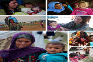 Ein Collage von Fotos von Frauen und Kindern in Afghanistan, das eine humanitäre Krise zeigt: Eine Frau hält ein Baby und einen Wasserkrug in den Händen, zwei Frauen und zwei Kinder sitzen und lächeln, und eine Frau mit einem Kind im Vordergrund mit Fahrzeugen und Polen im Hintergrund.