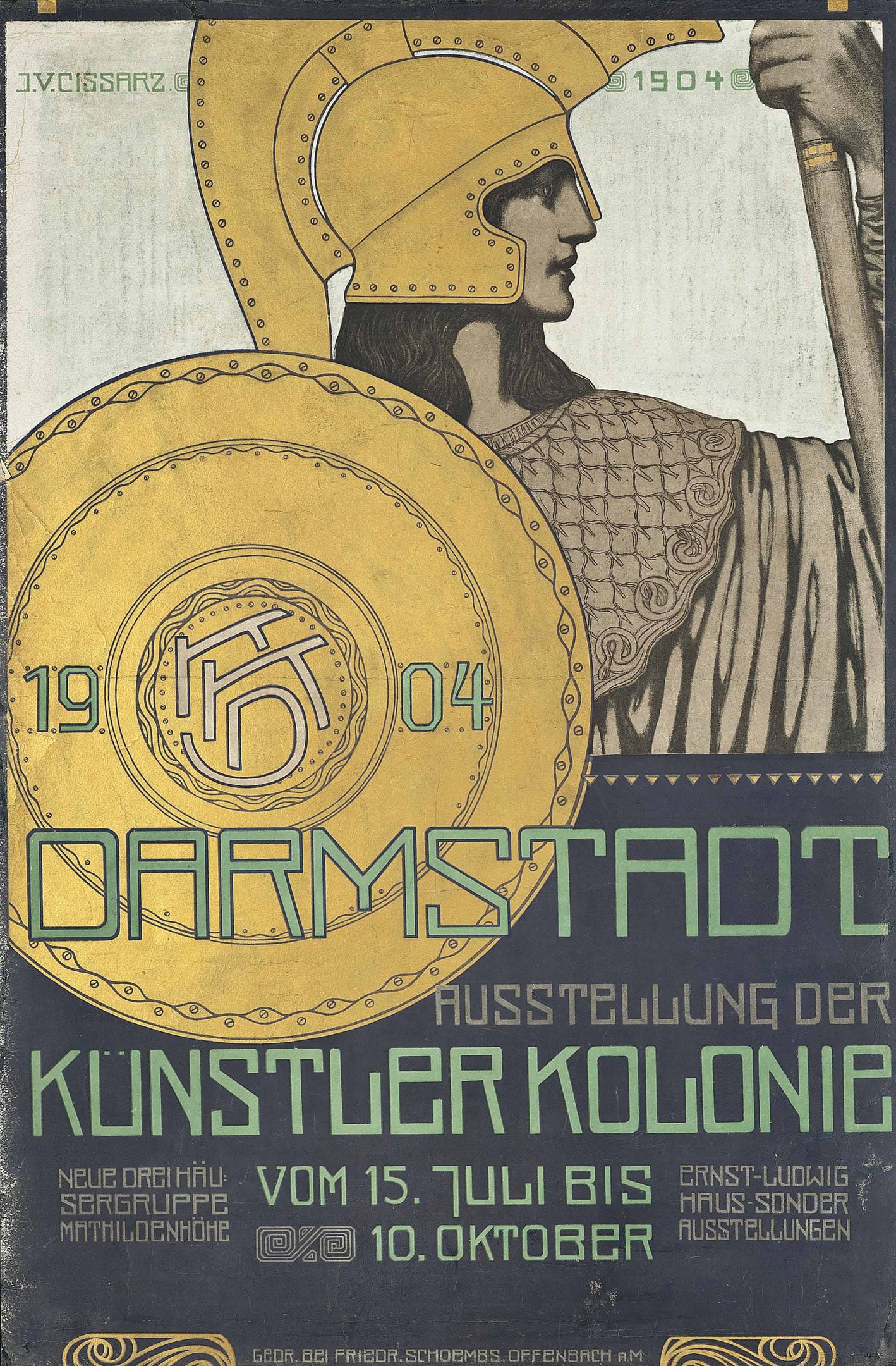 Plakat fuer ein 1904er Berlin-Konzert mit einem Helmet tragenden Figur, die ein Schild haelt, mit 'Darmstadt' und 'Kuenstler Kolonie' in fetter Schrift.