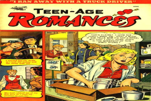 Ein Plakat mit einer Gruppe von lachenden Menschen in einer romantischen Umarmung, mit der Aufschrift "Teen-Age Romances 23-A by DC" in fetter Schrift oben.