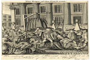 Ein Plakat mit der Aufschrift 'Die Vergewaltigung des Petit-Coat' zeigt beunruhigte Menschen, einen Hund und ein hohes Gebäude mit Fenstern unter einem tiefblauen Himmel.