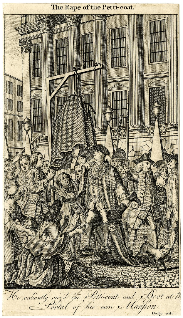 Ein Plakat mit der Aufschrift 'Die Vergewaltigung des Petit-Coat' zeigt beunruhigte Menschen, einen Hund und ein hohes Gebäude mit Fenstern unter einem tiefblauen Himmel.