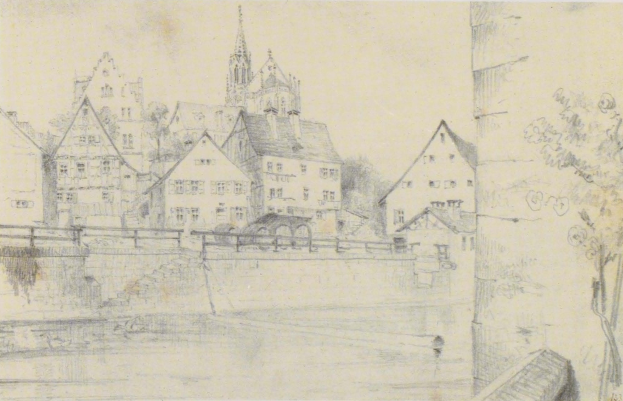 Kohlezeichnung betitelt "Nürnberg, Deutschland" von Joseph Mallord William Turner, zeigt eine Stadtansicht mit einem Fluss, Gebäuden, Bäumen und einer Brücke.