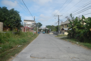 Straße mit fahrenden Fahrzeugen, gesäumt von Gras, Pflanzen, Bäumen, Strommasten und Gebäuden, unter einem bewölkten Himmel, mit einem "For Sale Lot / Land / Farm Cavite > Imus 1"-Schild an der Seite.