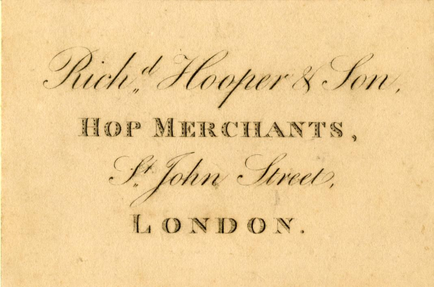 Alte Visitenkarte für "Rich, Hooper & Son, Hopfenhändler" in St John Street, London.