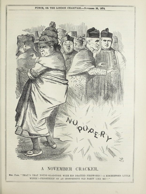 Eine Broschüre mit dem Titel "Ein November-Kracher - Punch, oder die Londoner Charivari - November 28, 1874", die eine feierliche Gruppe von Menschen in einer Zeichnung mit einem dekorativen Rahmen zeigt.