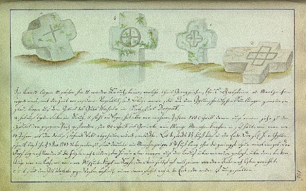Altes vergilbtes deutsches Familienschreiben von 1823 mit drei sorgfältig detaillierten keltischen Kreuzen.