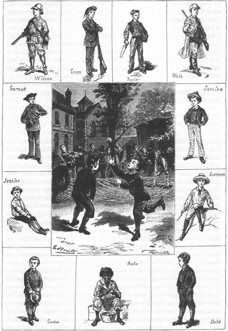 Schwarze und weiße Zeichnung von Kindern, die Baseball spielen, mit einem Gebäude und Bäumen im Hintergrund, unten mit "Die Geschichte des Baseballs" beschriftet.