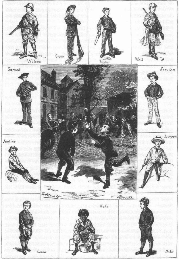 Schwarze und weiße Zeichnung von Kindern, die Baseball spielen, mit einem Gebäude und Bäumen im Hintergrund, unten mit "Die Geschichte des Baseballs" beschriftet.