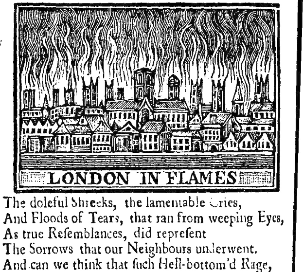 Schwarz-weiß-Illustration einer brennenden Stadt mit dichter Rauchwolke und brennenden Gebäuden, betitelt "London in Flames" unten.