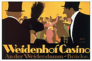 Ein Plakat bewirbt das Weidenhof Casino in Brücke, Deutschland, mit einer farbenfrohen Illustration von tanzenden und feiernden Menschen und der Aufschrift "Weidenhof" in fetter Schrift oben drauf, umrahmt von einem schwarzen Rand.