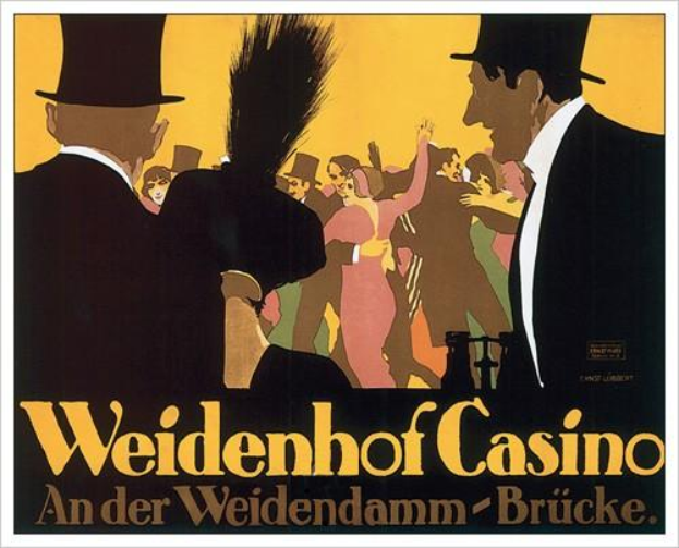Ein Plakat bewirbt das Weidenhof Casino in Brücke, Deutschland, mit einer farbenfrohen Illustration von tanzenden und feiernden Menschen und der Aufschrift "Weidenhof" in fetter Schrift oben drauf, umrahmt von einem schwarzen Rand.