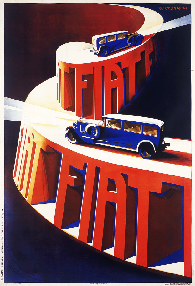 Zwei Fiat-Autos, eines blau und eines rot, auf einem Werbeplakat dargestellt.