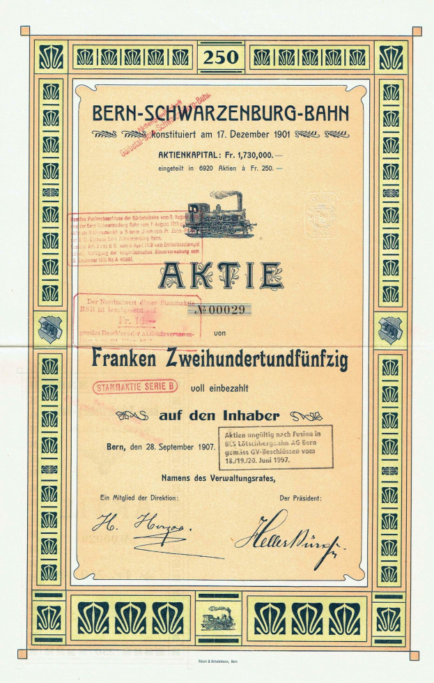 Altes deutsches Regierungsaktienzertifikat für Bern-Schwarzenburg-Bahn mit einer Abbildung eines Zugs und bedrucktem Text.